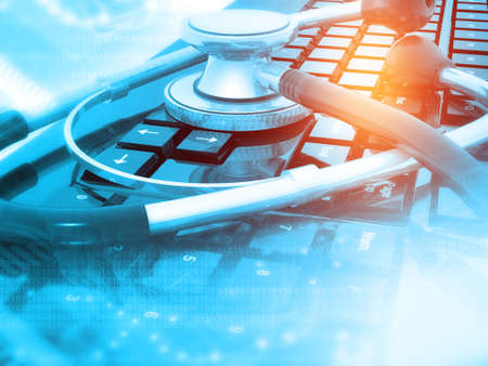 stethoscope on keyboard. Medical and technology concept. 3d illustration	の写真素材