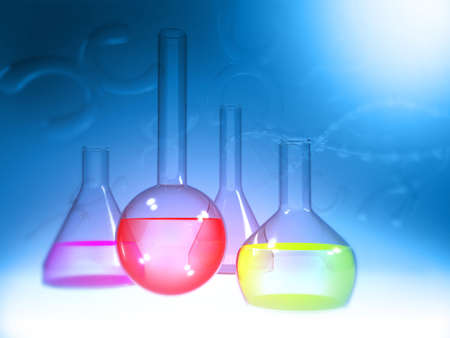  Laboratory flasks on scientific background. 3d illustration 	の写真素材