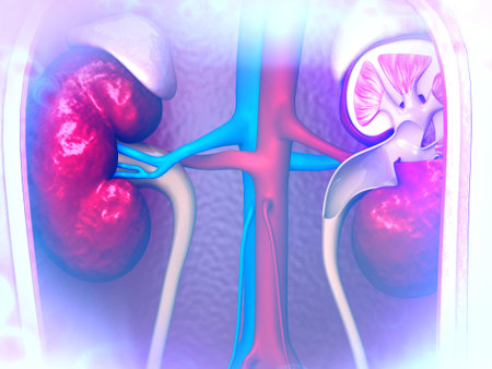 Human kidney cross section with abstract medical background. 3d illustration 	