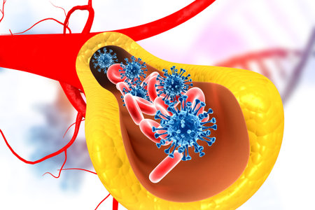 Virus in bloodstream. 3d illustration 	