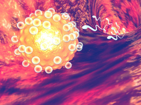 Sperm with egg on abstract medical background. 3d illustration