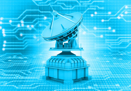 Satellite dish on high tech circuit background. 3d illustrationの写真素材