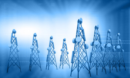 Telecommunication tower Antenna on blue background.3d illustration