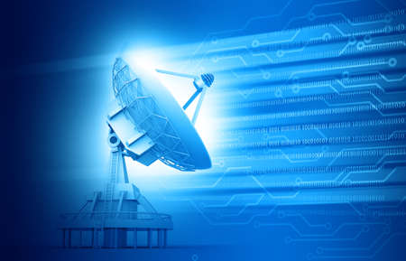 Satellite dish transmission data on abstract technology background. 3d illustrationの写真素材