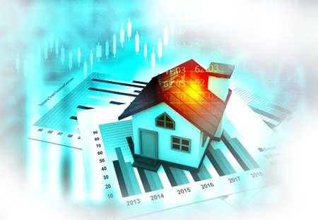 House on graph and charts background. 3d illustrationの写真素材