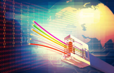 Network cable with fiber optics on technology background. 3d illustrationの写真素材