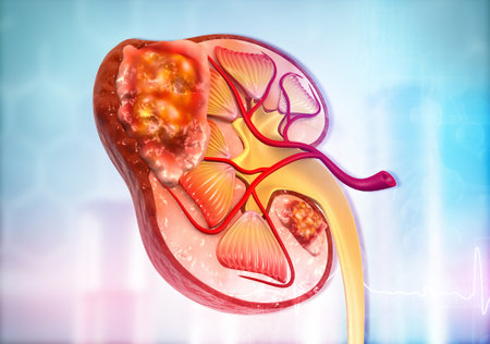 Diseased human kidney on science background. 3d illustration