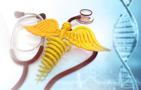 Stethoscope and medical symbol , caduceus with dna background
