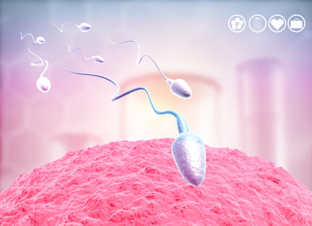 Human eggs and sperm, Sperm swimming to egg. 3d illustration