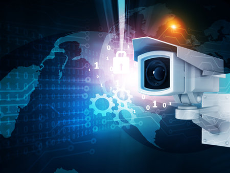 CCTV camera on technology background. 3d illustration	