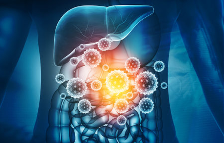 Virus attacks human digestive system. 3d illustration	