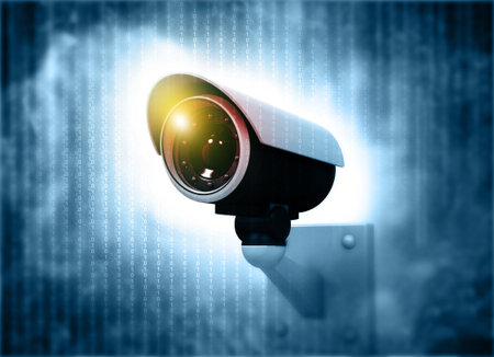 CTV security camera in digital background. 3d illustration