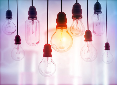 Glowing electric bulb lamp in a row of lamps. 3d illustration