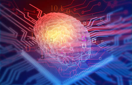 Circuit board with human brain. Abstract artificial intelligence. 3d illustrationの写真素材