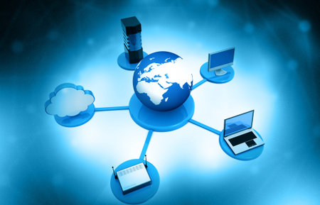 Global Computer networking. Server with laptops.  3d illustration