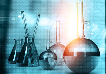 Laboratory equipment in science research lab. blue scientific background. 3d illustration	