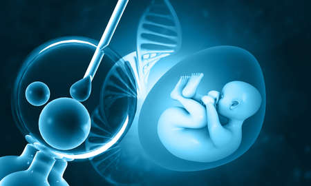 Vitro Fertilization. IVF and Human fetus with DNA strand. 3d illustrationの写真素材