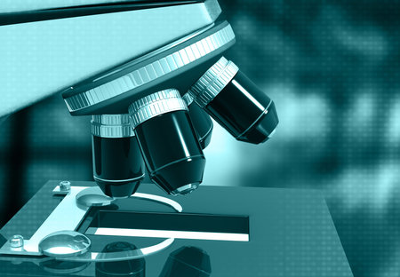 Microscope on science research lab. scientific background. 3d illustration