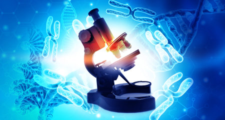 Microscope on scientific background. 3d illustration	