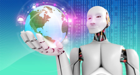 Women robotic holding futuristic earth world on abstract digital background. 3d illustration
