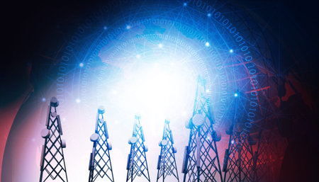 Telecommunication towers on abstract world background. 3d illustration