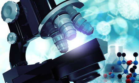 Microscope on scientific background. 3d illustration	
