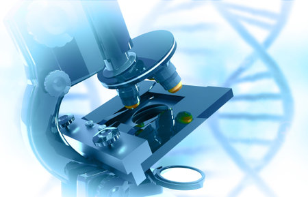 Medical equipment. Microscope with dna on scientific background. 3d illustration