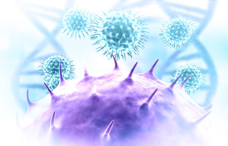 Virus cells with dna strands. Scienctific background. 3d illustration