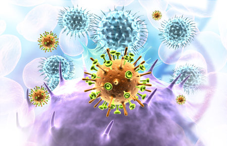 Virus cells with dna strands. Scienctific background. 3d illustration