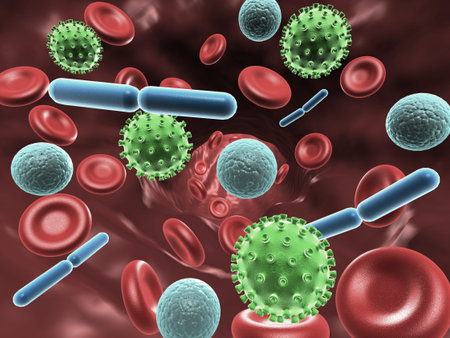 Virus cell attacks immune system. Medical background. 3d render