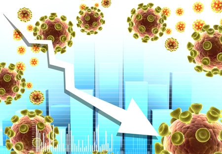 Covid 19, corona virus affected global business economy. Virus with falling arrow. 3d illusration
