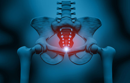 Human hip bone, pelvis anatomy on blue background. 3d illustration