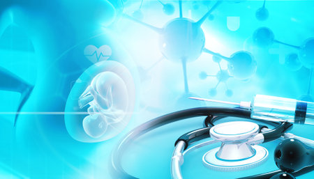 Human Fetus and stethoscope on scientific background. 3d illustrationの写真素材