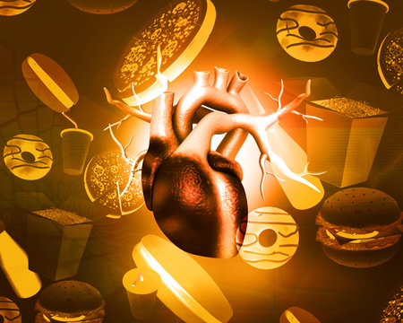 Human heart on fast food background. 3d illustrationの写真素材