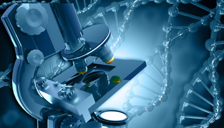 Microscope with DNA strand. 3d illustration