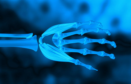 Human hand anatomy on blue background. 3d illustrationの写真素材