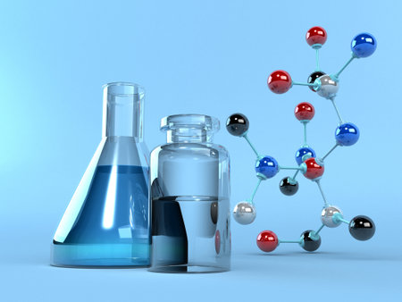Chemistry lab flask with Atom molecule on isolated background. 3d illustrationの写真素材