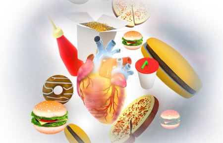 Fast food and human heart anatomy. 3d illustrationの写真素材