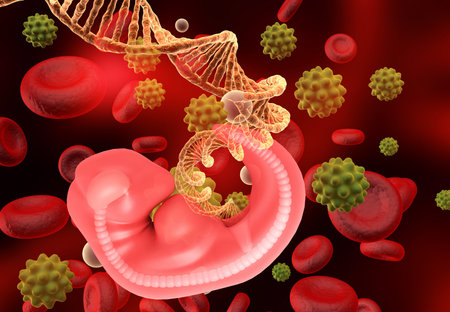 Fetus dna and virus. 3d illustration