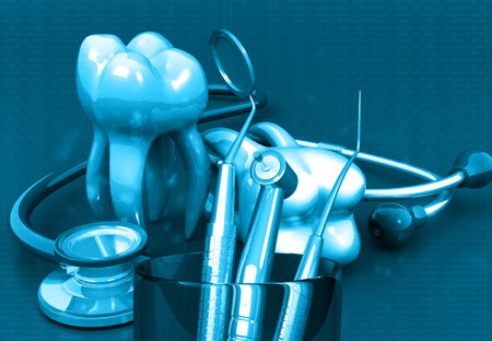 Dentistry tools blue background. 3d illustrationの写真素材