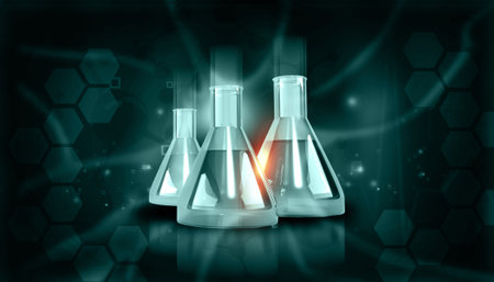 Chemistry lab flask on scientific background. 3d illustrationの写真素材