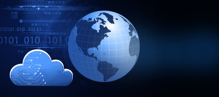 Globe with cloud icon on dark blue background. Cloud computing concept. 3d illustrationの写真素材