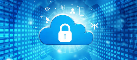 Cloud with pad lock in digital background. Cloud computing security concept. 3d illustrationの写真素材