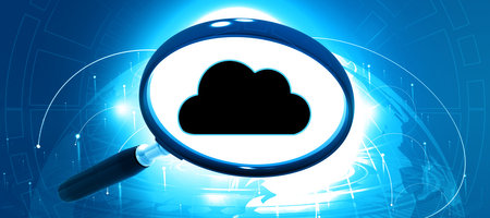 Magnifying glass with cloud icon on tech background.3d illustrationの写真素材