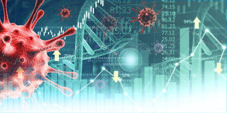 Economic growth chart with coronavirus. 3d illustrationの写真素材