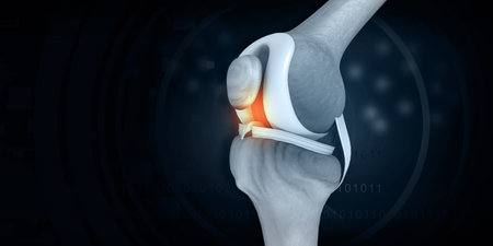 Human knee bone structure on blue background. 3d illustrationの写真素材