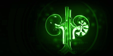 Human kidney anatomy on green background. 3d illustrationの写真素材