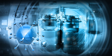 Coronavirus covid 19 with vaccine on digital background. 3d illustrationの写真素材