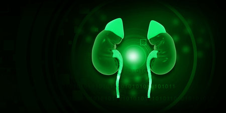 Human kidney anatomy on green background. 3d illustrationの写真素材