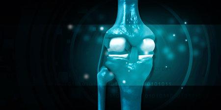 Knee joint anatomy on blue background. 3d illustrationの写真素材